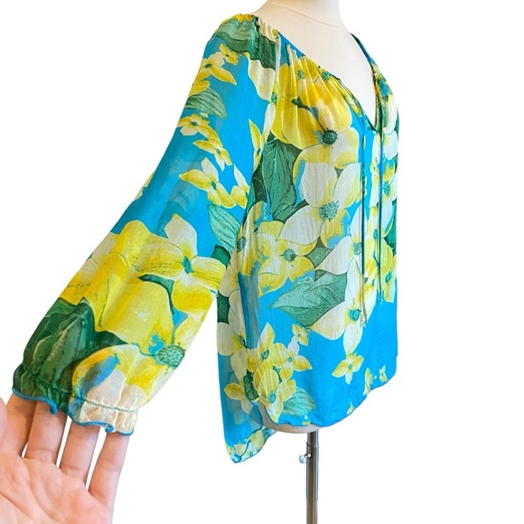 Silk Floral Hawaiian Printed Sheer Long Sleeeve Lightweight Blouse Tie Front - Picture 6 of 13